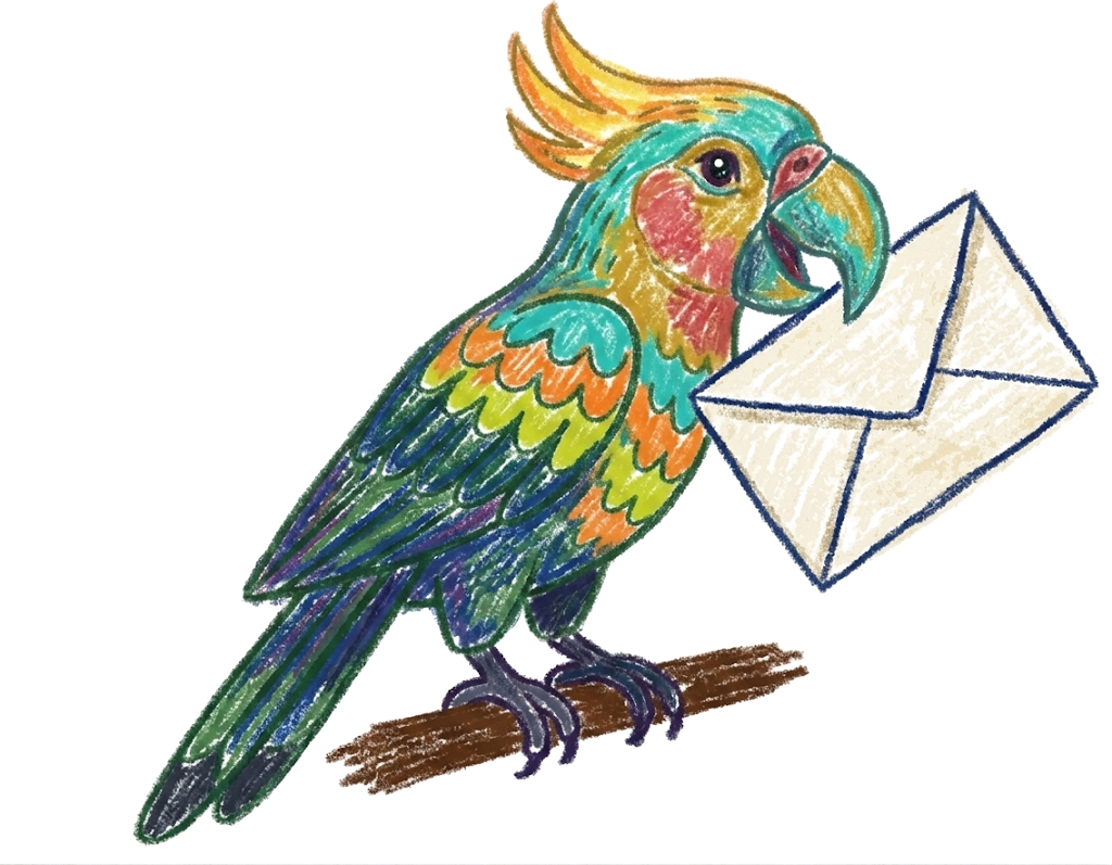 Sisserou parrot carrying a dispatch envelope
